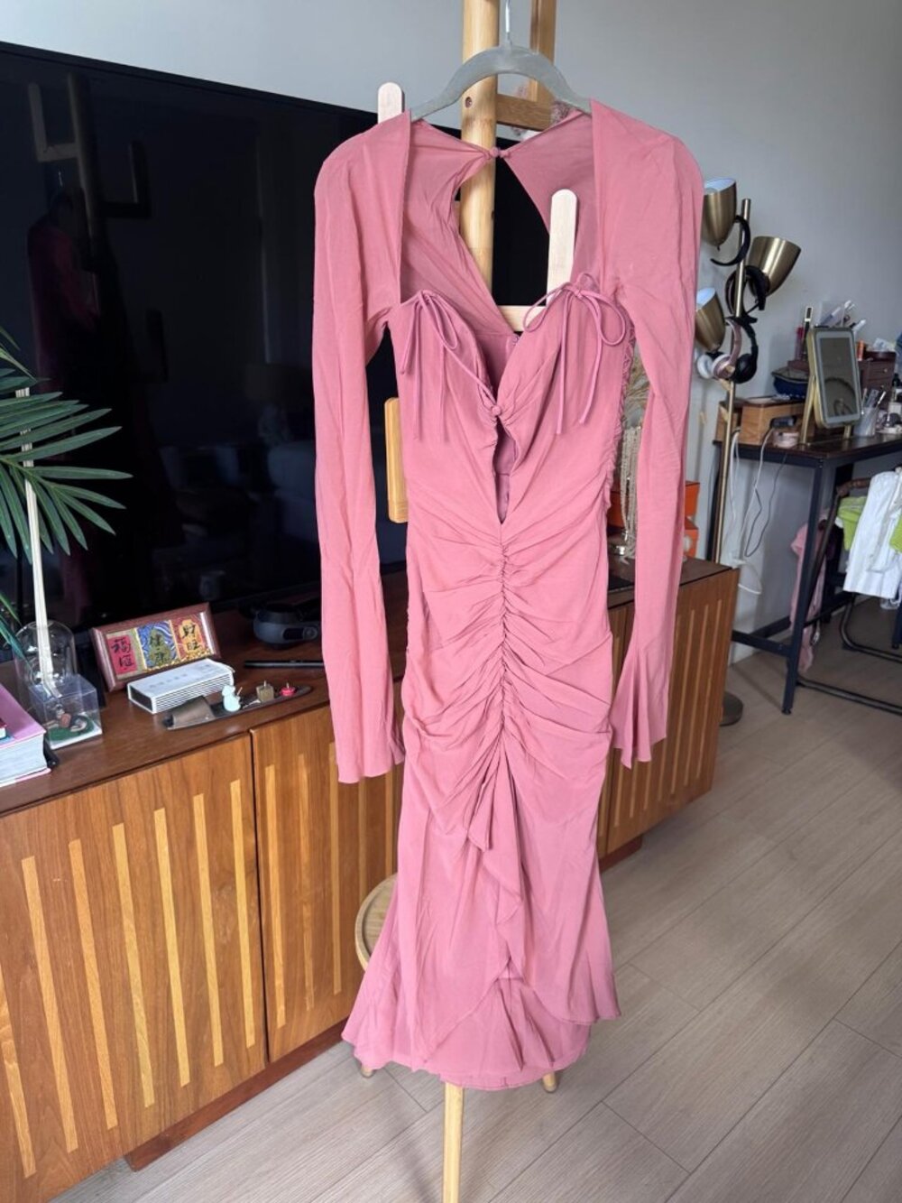 House of CB Reine Terracotta Ruched Midi Dress Long Sleeve S